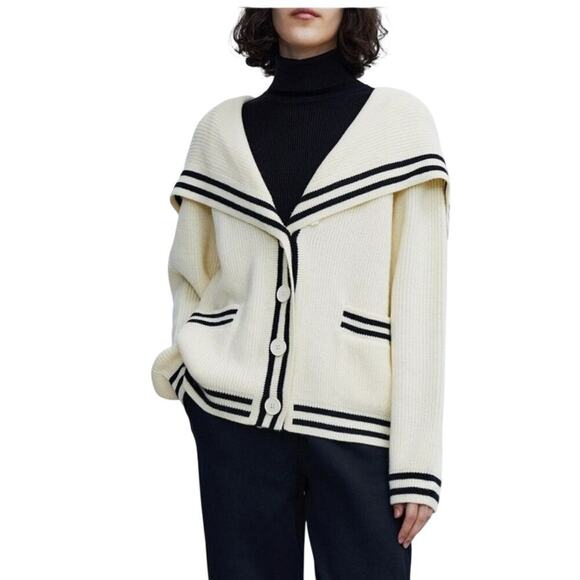 Listicle Sweaters - Listicle White Sailor Collar Button Down Ladies Medium Cardigan